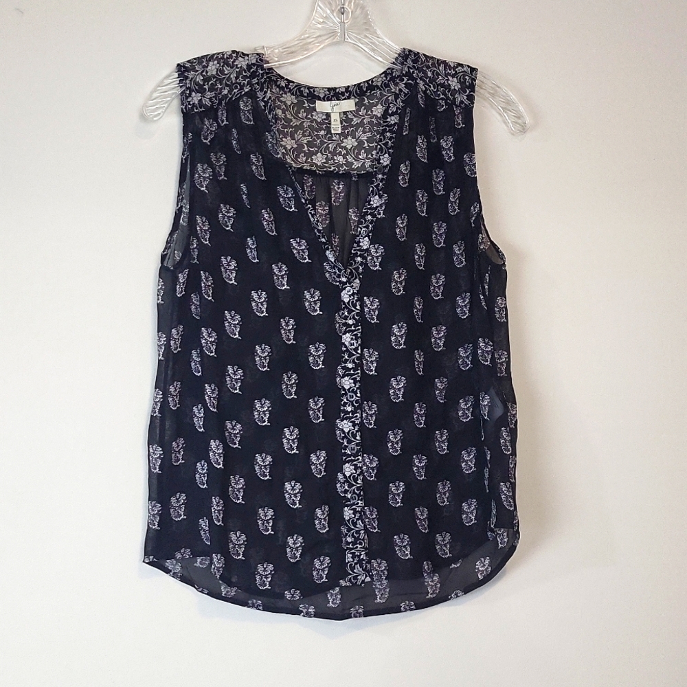 JOIE Black White Silk Floral Sheer Sleeveless V-neck Button Down Blouse
